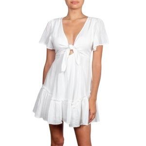 White Tie Front Low V Neck Ruffle Lined Dress